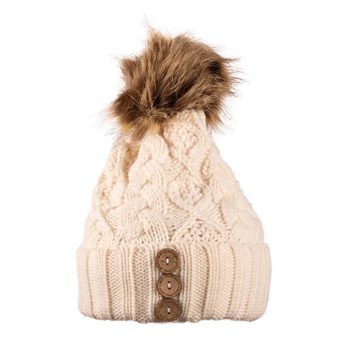 Aran Diamond Cable Button Hat Fisherman Stitch Pom Pom Hat | Chunky Rib Knit with Faux Fur Pom Pom