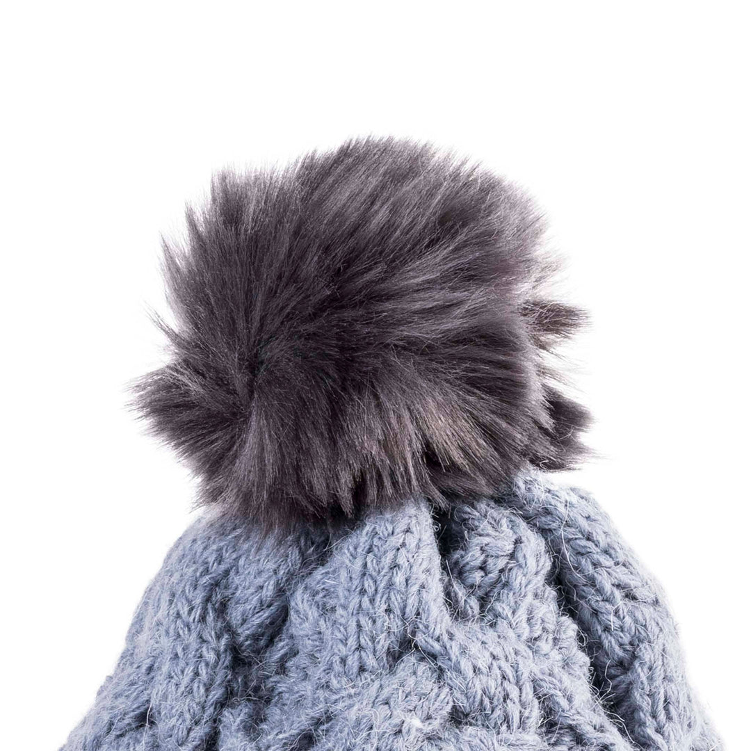 Aran Diamond Cable Button Hat Fisherman Stitch Pom Pom Hat | Chunky Rib Knit with Faux Fur Pom Pom